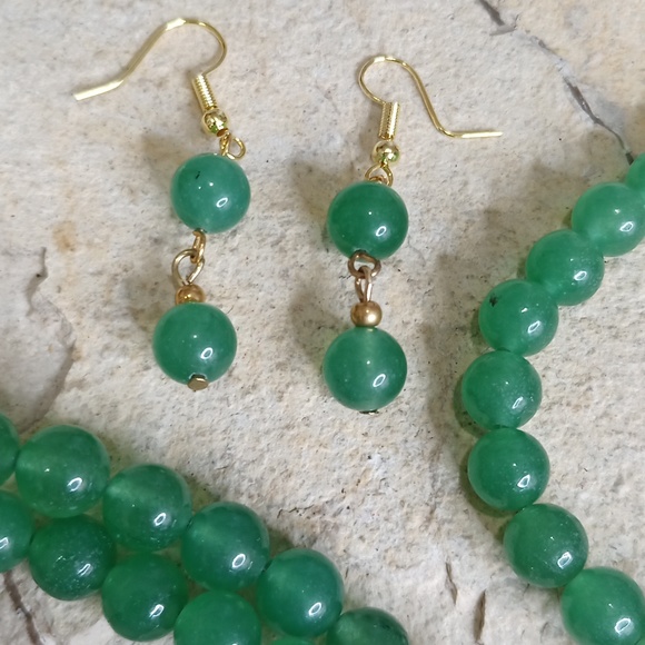 Vintage Green Aventurine Jewelry Set pearl turquoise Necklace Earrings Brooch - Picture 5 of 11